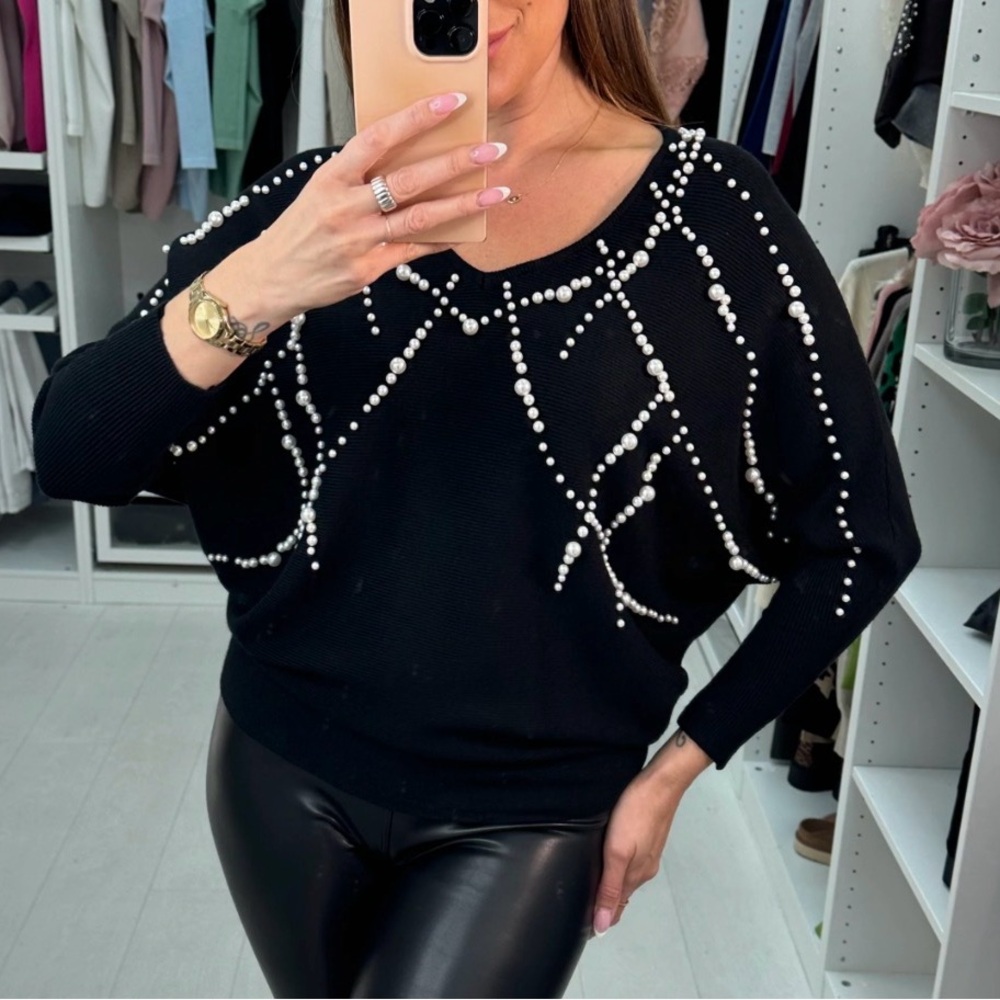 Elegant Black Sweater with Pearl Detailing